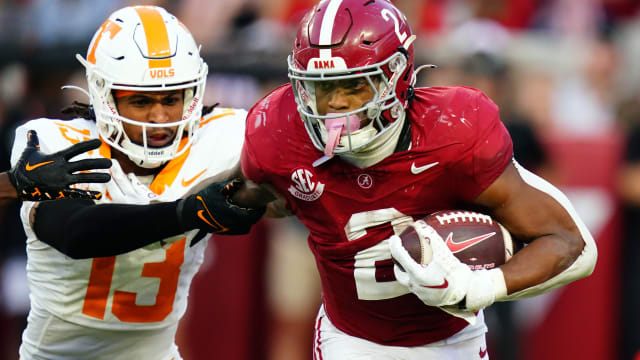Oct 21, 2023; Tuscaloosa, Alabama, USA; Alabama Crimson Tide running back Jase McClellan (2) carries the ball against the Tennessee Volunteers during the second half at Bryant-Denny Stadium. Mandatory Credit: John David Mercer-USA TODAY Sports
